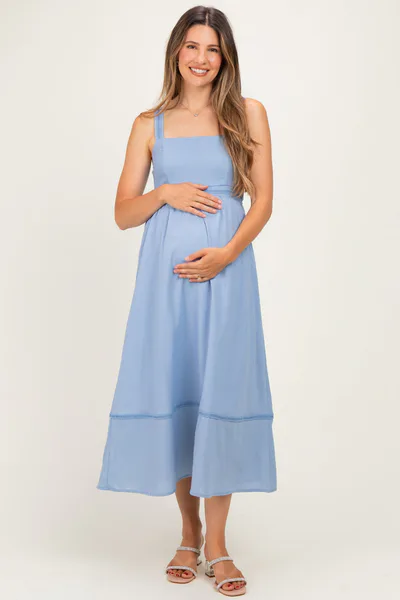 PinkBlush Dusty Blue Linen Blend Sleeveless Maternity Midi Dress
