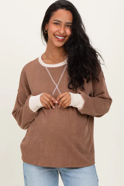 PinkBlush Brown Textured Rib Relaxed Fit Maternity Pullover Top