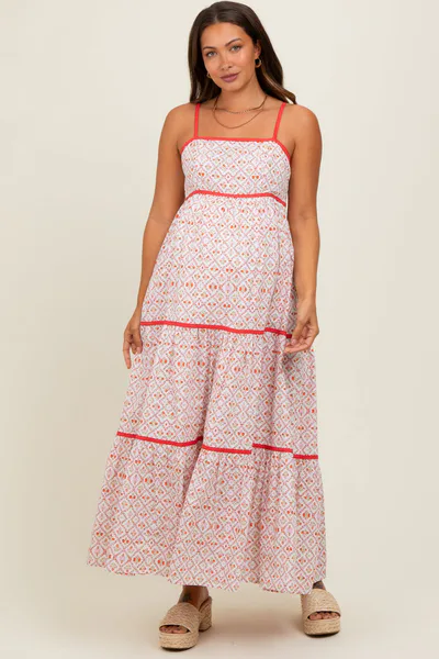 PinkBlush Coral Cotton Floral Maternity Maxi Dress