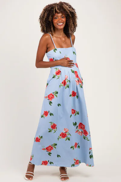 PinkBlush Light Blue Floral Thin Strap Maternity Midi Dress
