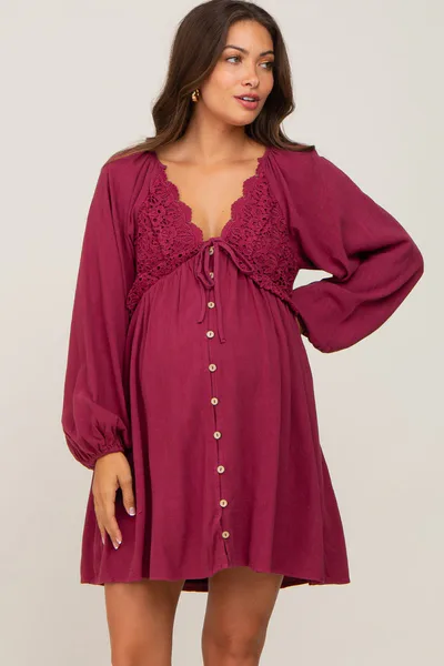 PinkBlush Burgundy Crochet Lace Button Front Maternity Dress