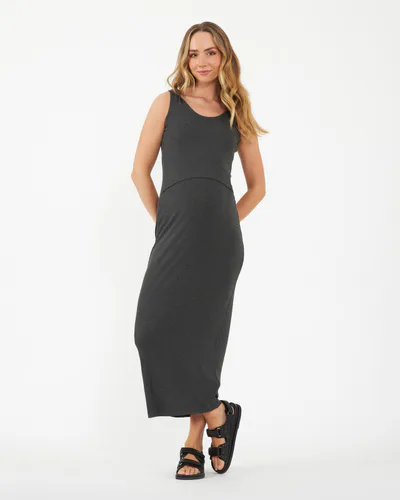 Ripe Maternity Rib Maxi Nursing Dress Charcoal Marle