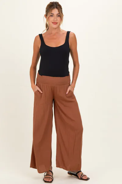 PinkBlush Nutshell Smocked Waistband Wide Leg Maternity Pants