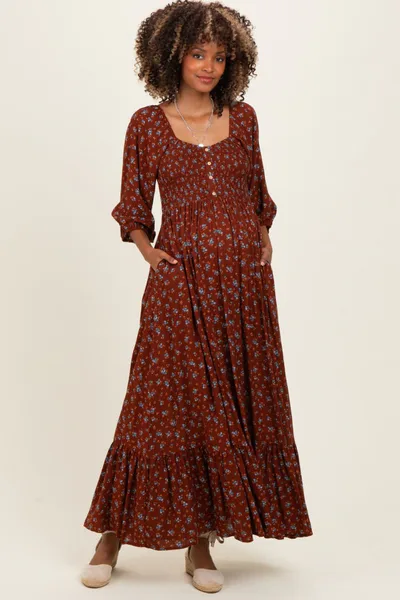PinkBlush Mahogany Floral Smocked Button Accent Maternity Maxi Dress
