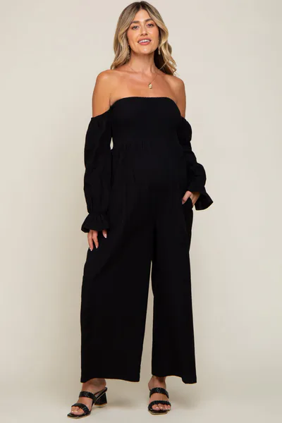 PinkBlush Black Linen Smocked Off Shoulder Wide Leg Maternity Jumpsuit