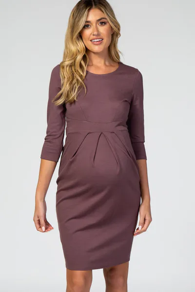 PinkBlush Purple 3/4 Sleeves Front Pleated Maternity Dress