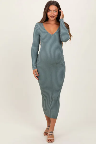 PinkBlush Jade V-Neck Long Sleeve Fitted Maternity Maxi Dress