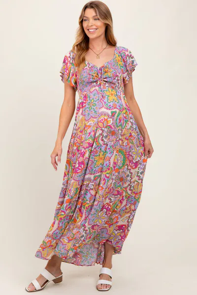 PinkBlush Lavender Floral Paisley Smocked Tiered Maternity Maxi Dress