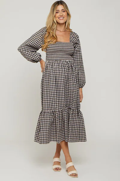PinkBlush Black Gingham Long Sleeve Maternity Midi Dress