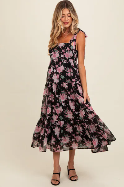 PinkBlush Black Floral Print Tie Strap Maternity Midi Dress