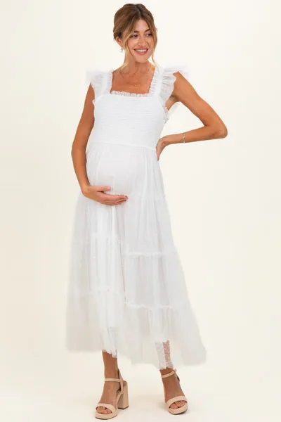 PinkBlush White Smocked Polka Dot Tulle Maternity Midi Dress