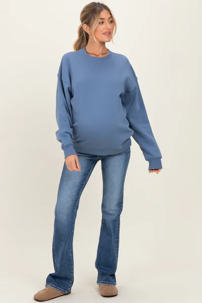 PinkBlush Dusty Blue Fleece Crew Neck Relaxed Fit Maternity Sweatshirt