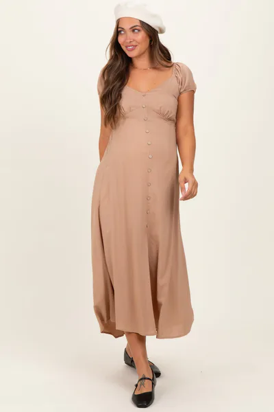 PinkBlush Camel Button Accent Front Slit Maternity Midi Dress