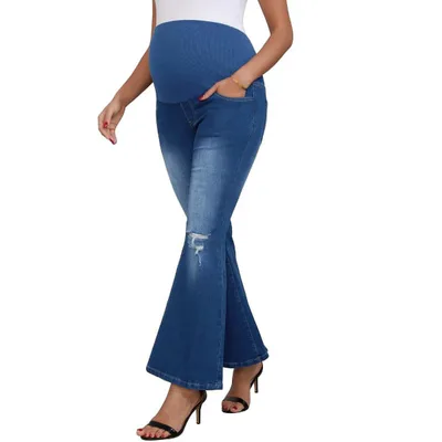 Target INSPIRE CHIC Women's Maternity Jeans Bootcut Leg Ripped High Stretchy Over the Belly Pregnant Flare Denim Pants Casual Large Blue