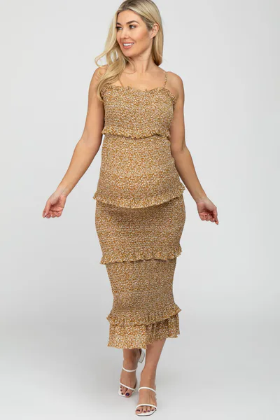 PinkBlush Mustard Leaf Print Smocked Fitted Maternity Midi Dress