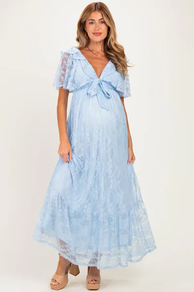 PinkBlush Light Blue Lace Flutter Sleeve Tiered Maternity Maxi Dress