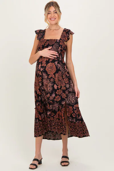 PinkBlush Black Floral Smocked Flutter Sleeve Maternity Midi Dress