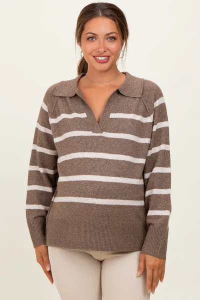 PinkBlush Brown Striped Oversized Polo Maternity Sweater