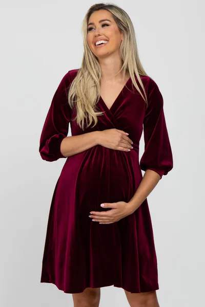 PinkBlush Burgundy Velvet Wrap Front Babydoll Maternity Dress