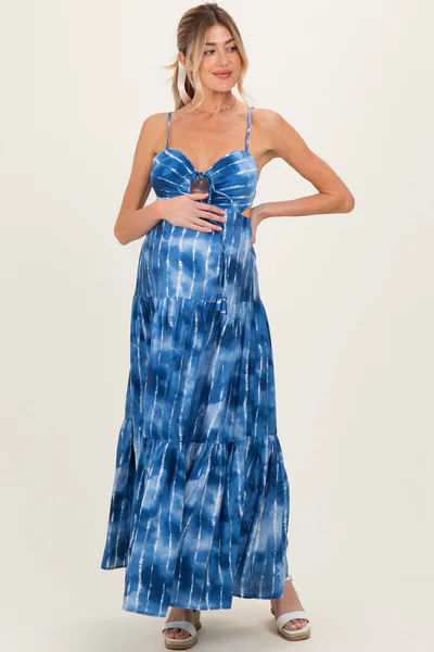 PinkBlush Blue Tie Dye Cutout Tie Back Maternity Maxi Dress