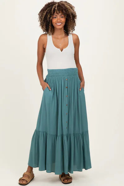PinkBlush Turquoise Smocked Waist Button Detail Maternity Maxi Skirt