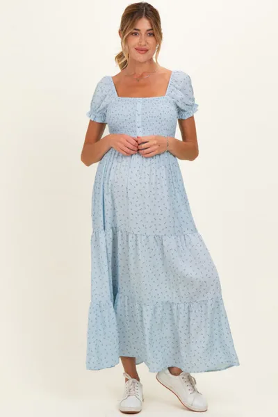 PinkBlush Light Blue Tiny Floral Smocked Puff Sleeve Maternity Maxi Dress