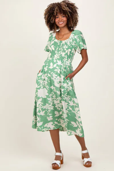 PinkBlush Green Floral Smocked Short Sleeve Maternity Midi Dress