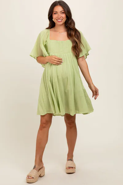 PinkBlush Green Square Neck Pleated Flutter Short Sleeve Maternity Dress