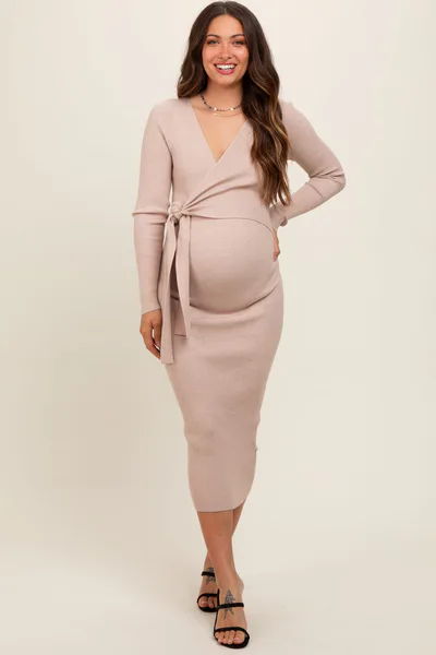 PinkBlush Beige Long Sleeve Fitted Maternity Dress