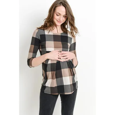 Target Hello Miz Women's Round Neck 3/4 Sleeve Front Pleat Maternity Top - Brown Plaid - Large