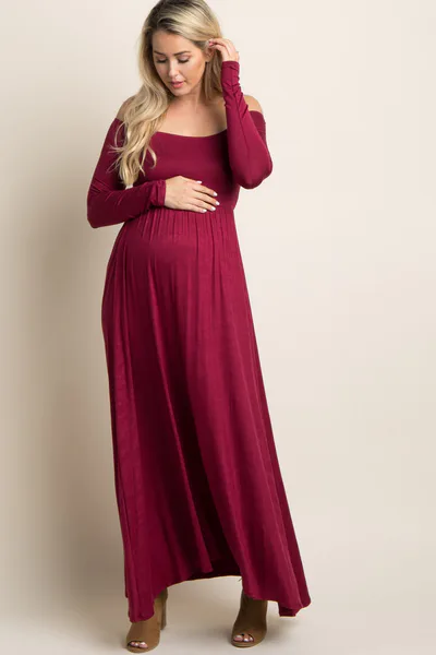 PinkBlush Dark Burgundy Solid Off Shoulder Maternity Maxi Dress