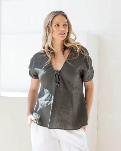 Angel Maternity Brigitte Maternity Linen Blouse - Khaki Green
