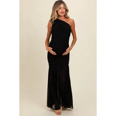Target Pinkblush Black Ruched Mesh One Shoulder Maternity Maxi Dress Small