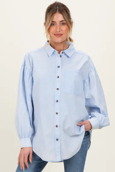 PinkBlush Light Blue Button Down Lightweight Casual Maternity Shirt