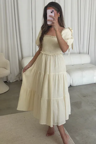 Worth Collective Elena 100% Cotton Midi Dress in Faded Grid - Bump Friendly