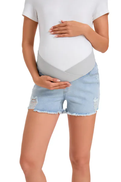 Summer Mae Maternity Ripped Denim Shorts with Under-Belly V-Shaped Waistband