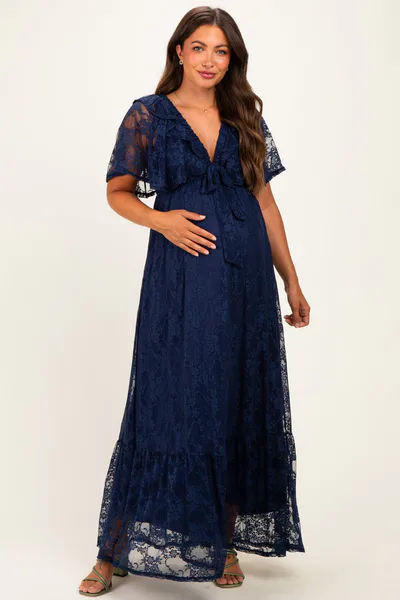 PinkBlush Navy Lace Flutter Sleeve Tiered Maternity Maxi Dress