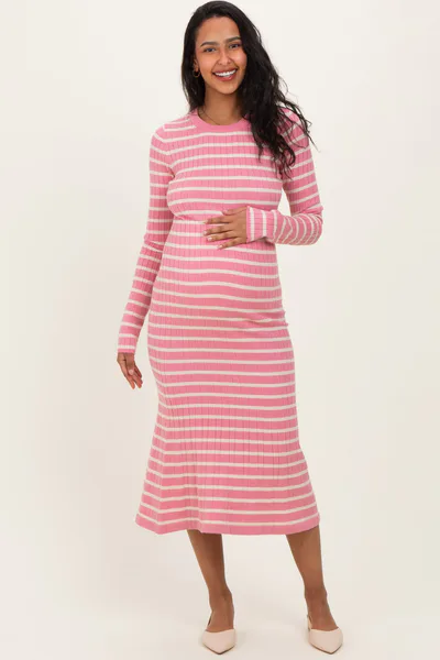 PinkBlush Pink Striped Knit Maternity Midi Flare Dress