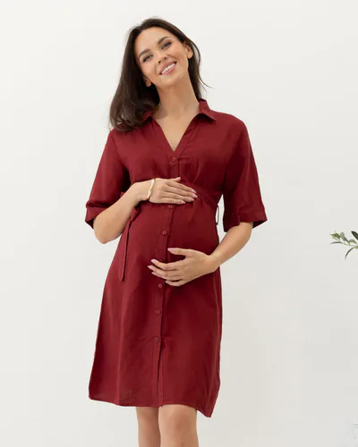 Angel Maternity Nora Maternity Tie Waist Linen Dress in Burgundy