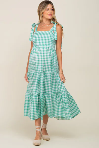 PinkBlush Green Checkered Sleeveless Tiered Maternity Maxi Dress
