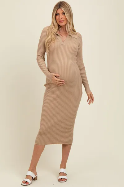 PinkBlush Beige Ribbed Knit Collared Maternity Sweater Dress