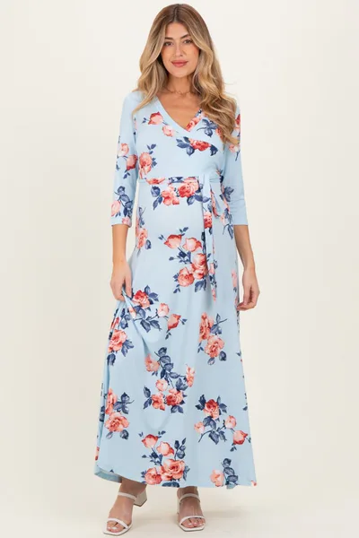 PinkBlush Sky Blue Floral Maternity Wrap Maxi Dress