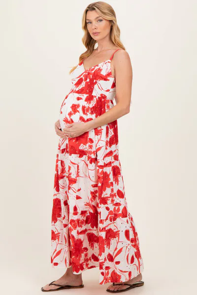 PinkBlush Red Floral Tiered Cutout Tie Back Maternity Maxi Dress