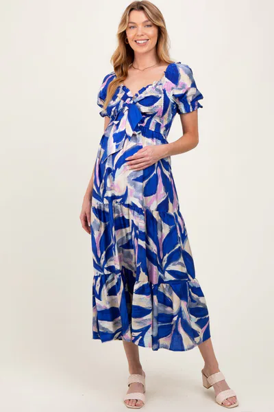 PinkBlush Royal Blue Blue Smocked Top Woven Tiered Maternity Dress
