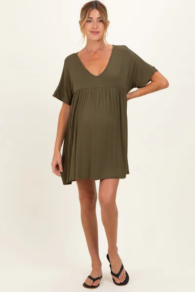 PinkBlush Olive V-Neck Basic Maternity Dress