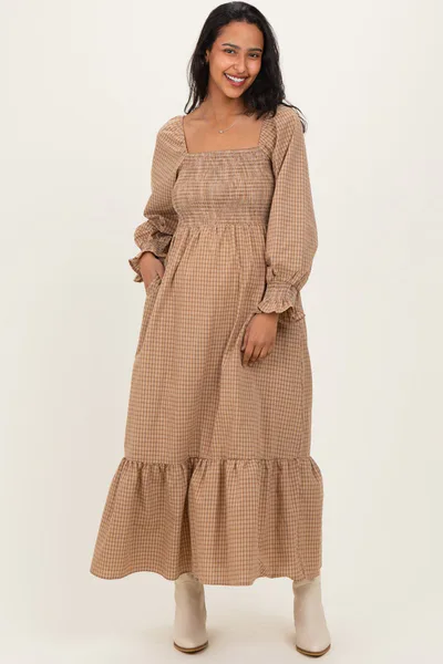 PinkBlush Mustard Plaid Square Neck Long Sleeve Maternity Maxi Dress
