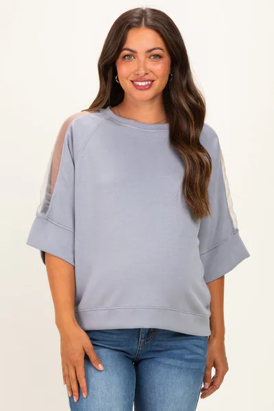 PinkBlush Grey Mesh Shoulder Short Sleeve Maternity Top