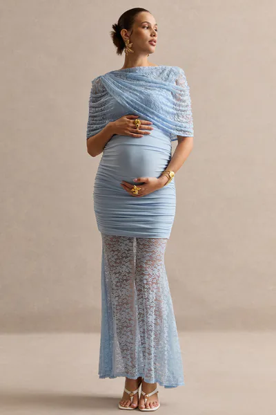 Club L London Bronta | Light Blue Lace High-Neck Maternity Maxi Dress With Short Cape And Sheer Skirt