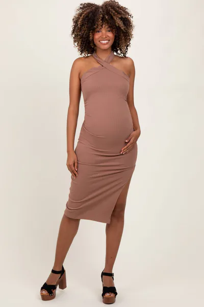 PinkBlush Mocha Halter Tied Criss-Cross Ribbed Maternity Midi Dress