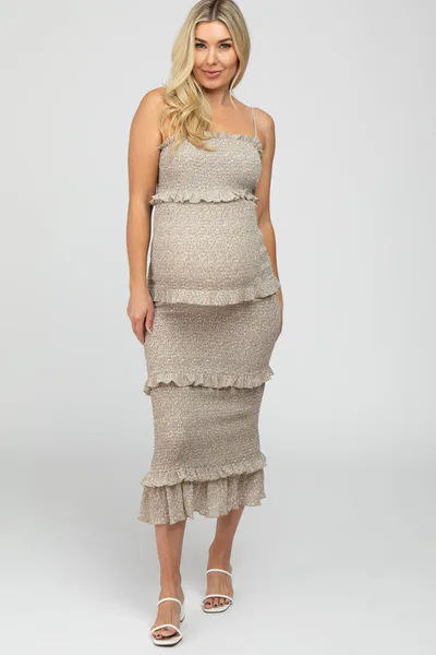 PinkBlush Taupe Leaf Print Smocked Fitted Maternity Midi Dress